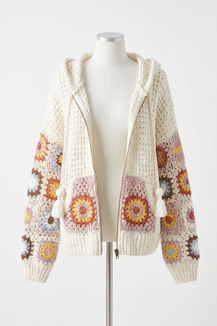 NEW POL raglan granny square pattern sweater in powder beige